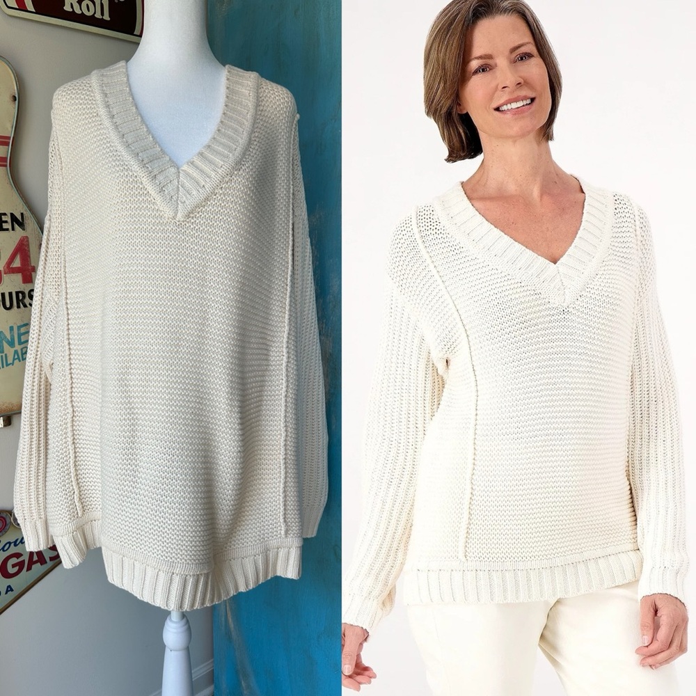 Encore by Idina Menzel Mixed Stitch Chunky V-Neck Sweater Luxe Loungewear